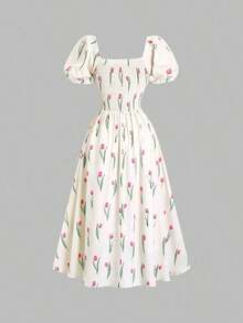 Sweetro Vestido de verano estilo francés, vestido largo blanco de alta calidad y lujo con elegante estampado floral de magnolia ditsy para damas - Multicolor - Ver 2