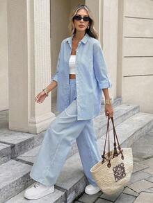 Conjunto de invierno para mujer que incluye blusas, camisa de manga enrollada de un solo botonadura y unicolor, y pantalones de pierna ancha.Conjunto de dos piezas de invierno con manga larga para mujer. - Azul y blanco - Ver 8