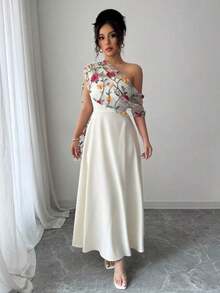 Elenzya Vestido largo con escote asimétrico de estilo francés elegante, borde acampanado, bordado de malla, para uso versátil diario, primavera/verano - Albaricoque - Ver 6