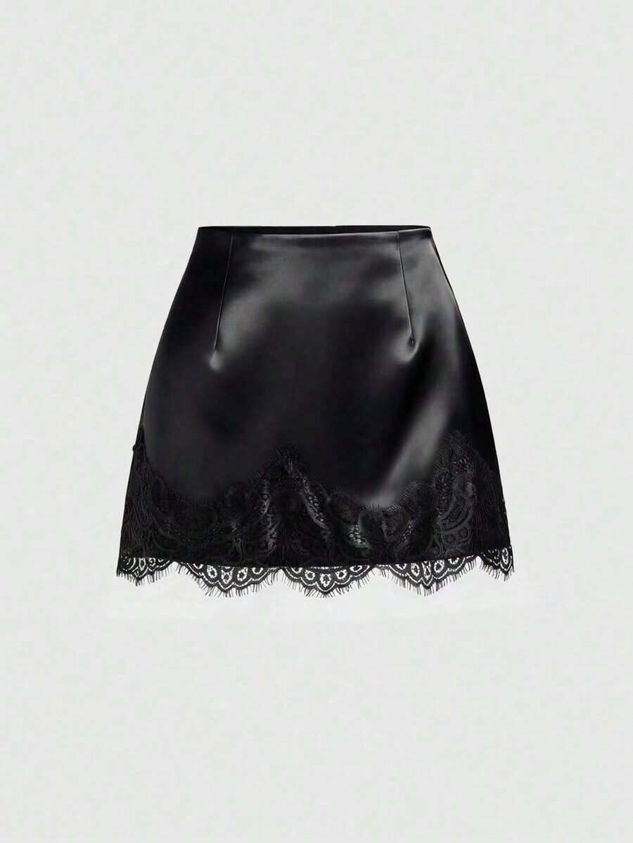 Falda casual de satén marrón con estampado floral retro francés elegante, nueva llegada chic de principios de primavera - Negro 2 - Ver 1