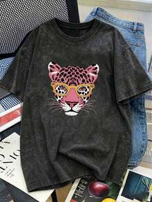 New Summer Blouse With Vintage Leopard Face Print, Round Neck, Tie-Dye, And Short Sleeves. Stylish And Versatile For Women. (Retro Style, Cool Style, Sweet Style, Unisex) - 黑色 - 查看 2