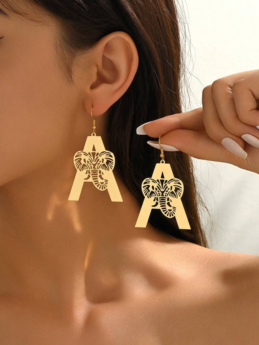 1 Pair Minimalist Creative Hollow A-Letter Elephant Design Earrings, Suitable For Daily Wear For Women - Gold - View 1