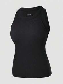 Built-In Bra Sleeveless Ribbed Knit Fitted Crew Neck Basic Tank Top Casual Elegant Black Summer - Black - View 9