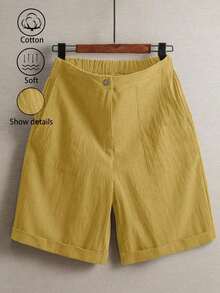 Pantalones de lino minimalistas casuales de unicolor para mujer, talla pequeña - Amarillo - Ver 8