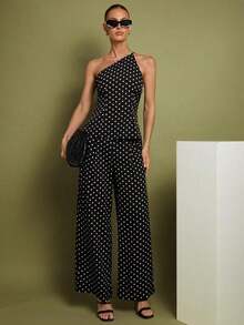 Set de 2 piezas de Top con hombros y pantalones a lunares para mujer, uso casual minimalista de todos los días - Negro 2 - Ver 1