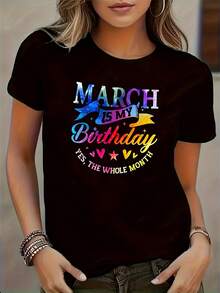 Camiseta Casual de Verano para Mujer: Camiseta con Estampado "El Desfile de Damas es Mi Cumpleaños" |   Colores brillantes, diseño divertido, con estampados de corazones y estrellas, cuello redondo informal, adecuada para todas las estaciones, estilo de ropa de trabajo, camiseta chic y a la moda para mujer. - Negro - Ver 1