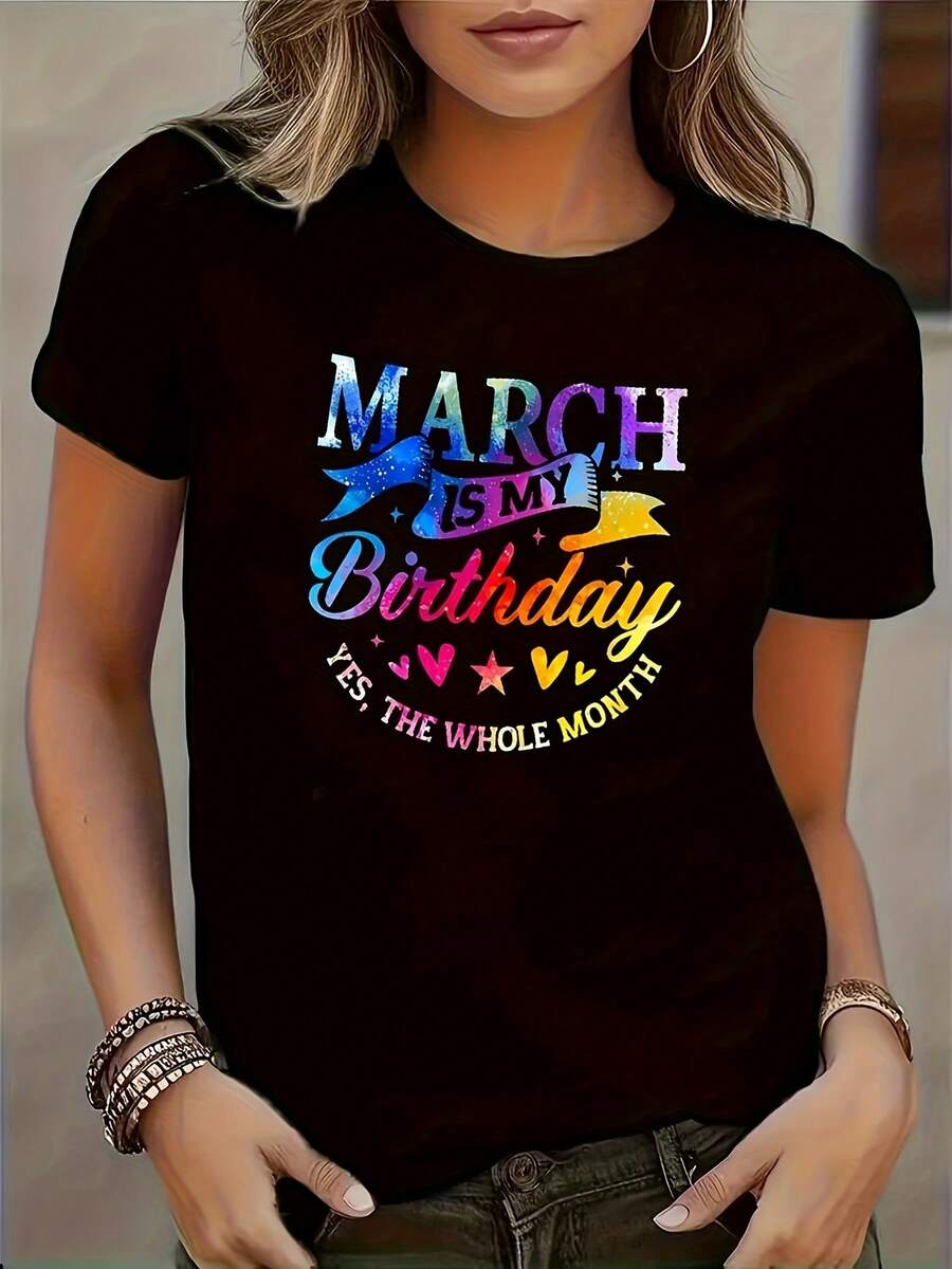 Camiseta Casual de Verano para Mujer: Camiseta con Estampado "El Desfile de Damas es Mi Cumpleaños" | Colores brillantes, diseño divertido, con estampados de corazones y estrellas, cuello redondo informal, adecuada para todas las estaciones, estilo de ropa de trabajo, camiseta chic y a la moda para mujer. - Negro - Ver 1
