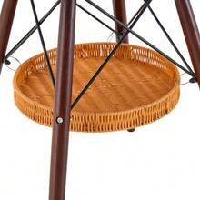A Round Dining Table With A Diameter Of 80 Cm, A Tabletop Made Of Black MDF And Table Legs Made Of Walnut-Colored Solid Wood, Complemented By A Floating, Woven Storage Compartment. - Walnut+Black - View 4