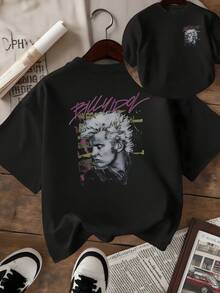 Figura artística con rostro rebelde y trazos vibrantes que evocan energía urbana y espíritu libre acompañada de tonos púrpura y gris creando un contraste audaz camiseta de mujer de doble cara casual moderna - Negro - Ver 1