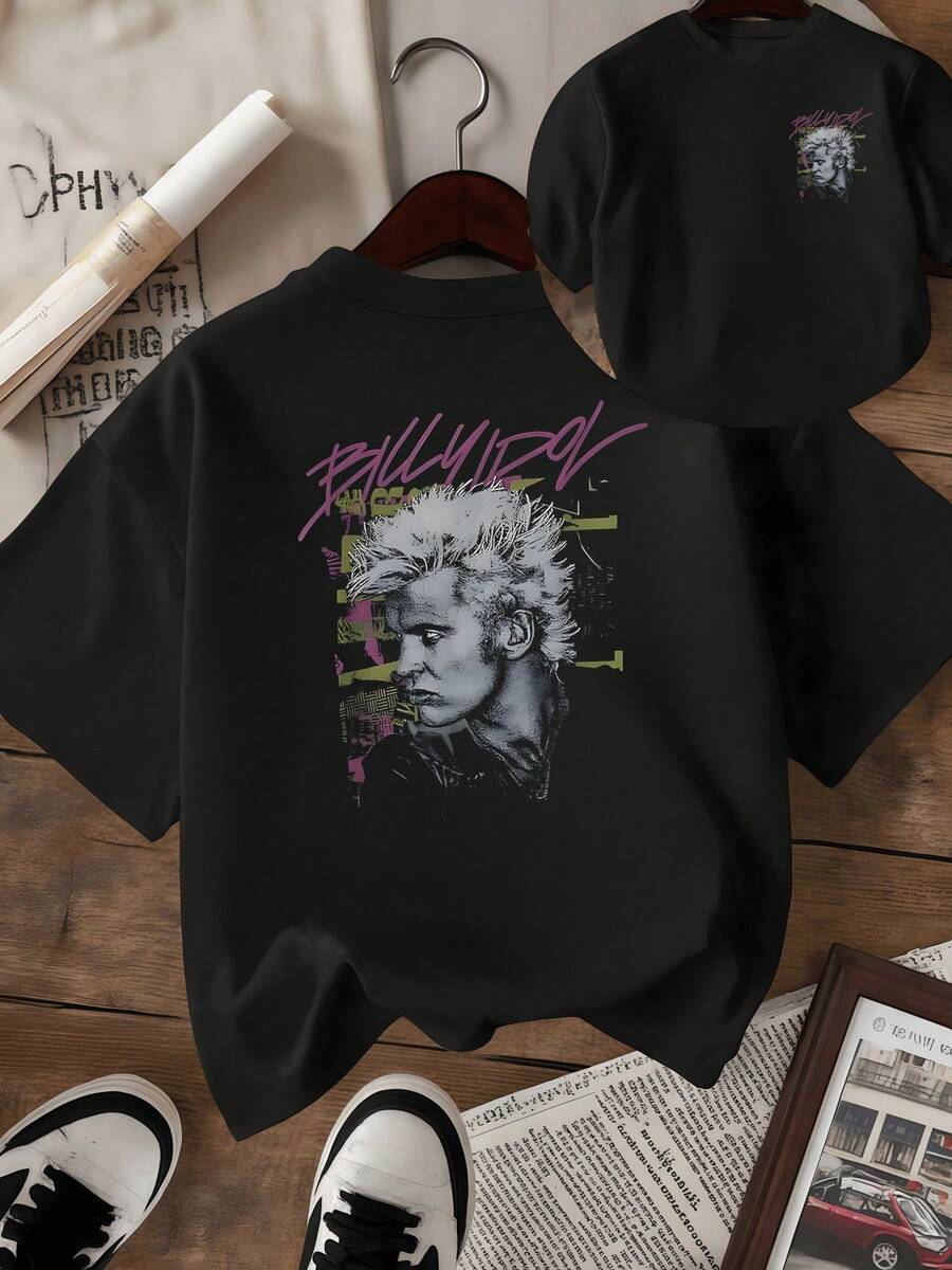 Figura artística con rostro rebelde y trazos vibrantes que evocan energía urbana y espíritu libre acompañada de tonos púrpura y gris creando un contraste audaz camiseta de mujer de doble cara casual moderna - Negro - Ver 1