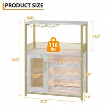 Moderno gabinete de bar de vino de 3 niveles con luces LED – Botellero extraíble, soporte para copas, estantes ajustables, puerta de malla – Aparador compacto para almacenamiento en comedor, sala de estar, hogar – Color marrón rústico o gris - Dorado - Ver 6