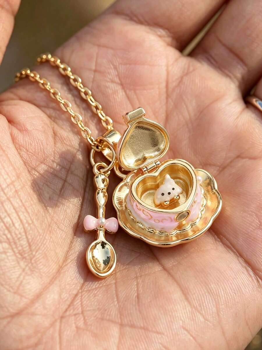 1pc Openable Cup Shaped Pendant Necklace, 18K Gold Plated Anti-Oxidation Necklace, Cute Style Suitable For Women's Daily Wear, Great Birthday Gift For Friends - Multicolor - View 1