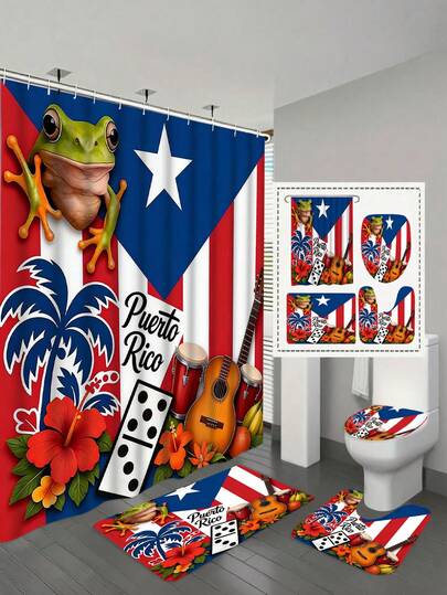 1/4pcs Puerto Rico Themed Shower Curtain Set, Bathroom Curtains, Tropical Island Flag Bathroom Decor, Includes Bath Mat, U-Shaped Mat, Toilet Seat Cover And 12 Hooks, Size 70.87x70.87 Inches, Island Style Home Decor, Bathroom Accessories, 2D Flat Design