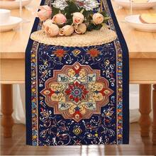 1pc Indigo Persian Rug Pattern Printed Table Runner, Boho Style Rectangular Table Runner/Cabinet Decor Flag, Polyester Printed, Suitable For Indoor/Outdoor, Daily Use, Wedding, Holiday Home Decor, Dining Room, Living Room, Dining Table, Kitchen, Party, Holiday Gift, All Seasons - Multicolor - View 1