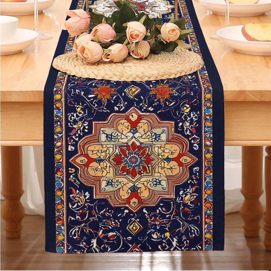1pc Indigo Persian Rug Pattern Printed Table Runner, Boho Style Rectangular Table Runner/Cabinet Decor Flag, Polyester Printed, Suitable For Indoor/Outdoor, Daily Use, Wedding, Holiday Home Decor, Dining Room, Living Room, Dining Table, Kitchen, Party, Holiday Gift, All Seasons - Multicolor - View 1