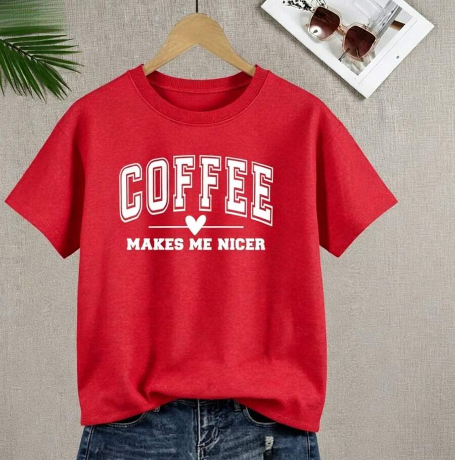 Women's Plus Size Vintage Cotton T-Shirt With Coffee Print, Short Sleeve, Casual Style, Featuring The Print "Coffee Makes Me Kinder", Loose Fit, Round Neck, For Everyday Wear, Sizes 0XL-5XL, Soft And Breathable Cotton Fabric, Letter Print T-Shirt, Comfortable Plus Size Clothing. - 紅色 - 查看 1
