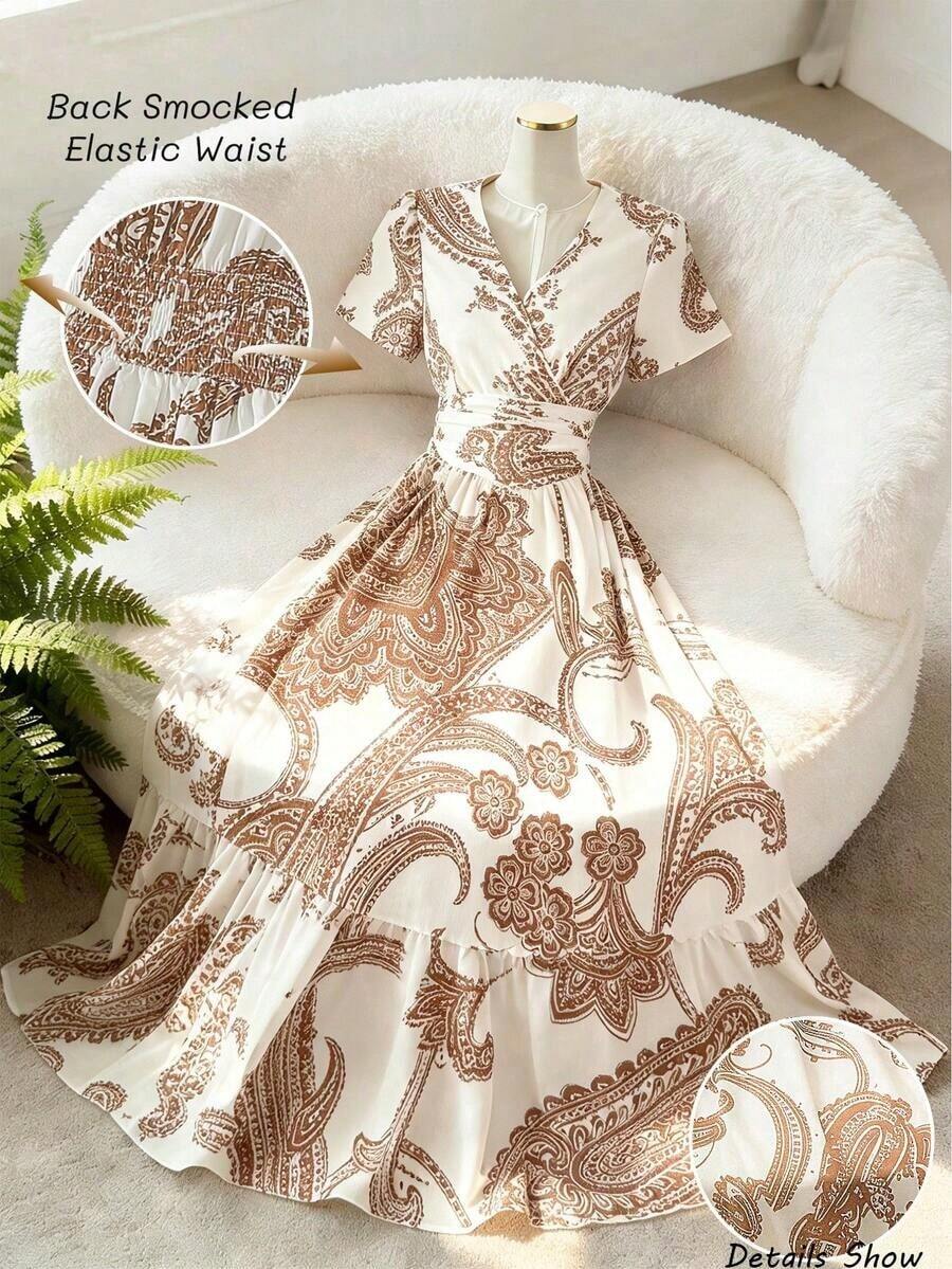 Vestido corto de manga corta con cuello en V y cintura acampanada con estampado floral de rosas para mujer, elegante para uso diario, vacaciones, viajes, San Valentín, citas, estilo callejero francés, vintage, fiestas, con base blanca y patrón de rosas rosadas, nueva llegada para primavera/verano temprano - Multicolor - Ver 1