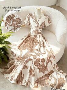 Vestido corto de manga corta con cuello en V y cintura acampanada con estampado floral de rosas para mujer, elegante para uso diario, vacaciones, viajes, San Valentín, citas, estilo callejero francés, vintage, fiestas, con base blanca y patrón de rosas rosadas, nueva llegada para primavera/verano temprano - Multicolor - Ver 12