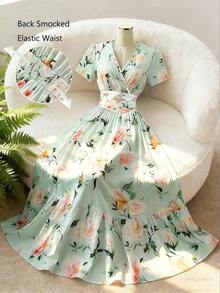 Vestido corto de manga corta con cuello en V y cintura acampanada con estampado floral de rosas para mujer, elegante para uso diario, vacaciones, viajes, San Valentín, citas, estilo callejero francés, vintage, fiestas, con base blanca y patrón de rosas rosadas, nueva llegada para primavera/verano temprano - Multicolor 3 - Ver 3