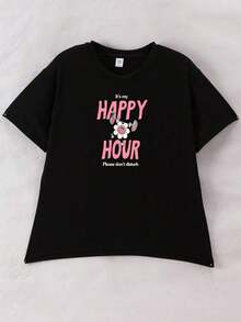 Este atuendo informal para festivales de música está diseñado para mujeres jóvenes y presenta un estampado creativo de letras y flores.Incluye una camiseta negra de manga corta con cuello redondo y pantalones acampanados, lo que la hace perfecta para el verano. - Negro - Ver 5