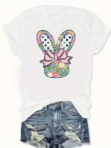 GiftGiftGiftGiftPlus, Camiseta de Pascua para Mujer, Estampado de Conejito con Lazo Floral a Rayas Coloridas, Cuello Redondo, Talla Grande, SuaveSoftSoft - Blanco - Ver 7