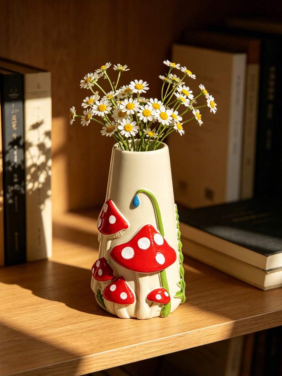 1個卡通蘑菇造型樹脂花瓶 - 3D浮雕裝飾花瓶,Ins風居家桌面花瓶,適用於水培與乾燥花 | 家居裝飾、房間裝飾、波希米亞風裝飾、桌面裝飾、可愛收藏品、獨特禮物、桌上中心飾品、喬遷禮物 - 新款 - 查看 1