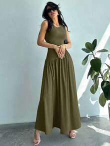 Vestido largo de mujer sin mangas, cuello redondo, cintura fruncida, unicolor, estilo minimalista - Verde militar - Ver 6