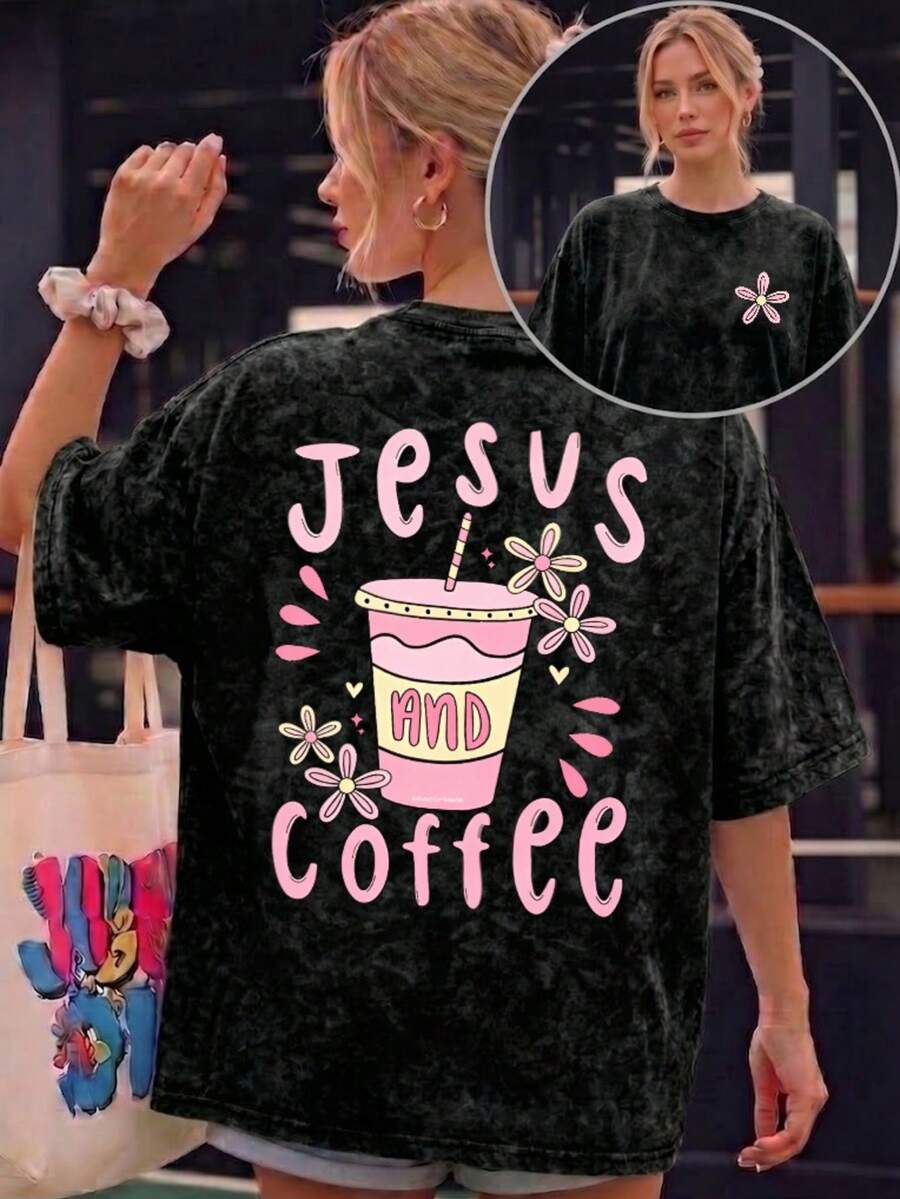 Standard Short Sleeve T-Shirt, INS Style "JESUS AND COFFEE" Floral Pattern Print, Charcoal Gray Acid Wash Vintage Heavyweight Washed Summer Top Casual