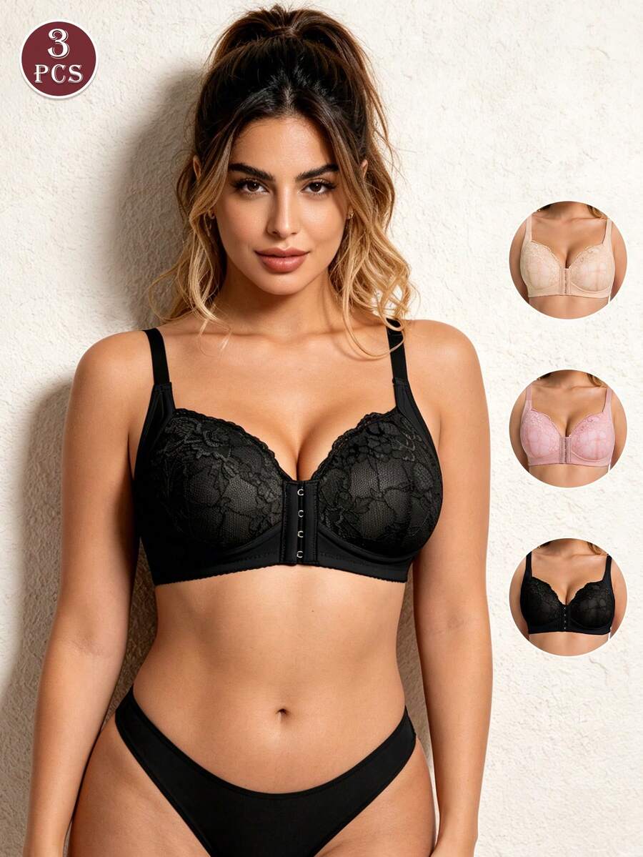 3pcs Women's Front Closure Sexy Lace Wireless Adjustable Strap Casual Backless Lingerie Set - Multicolor - View 1