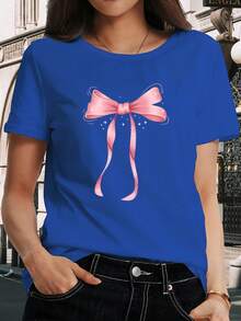 Camiseta de algodón puro para mujer con diseño de lazo - estampado de lazos rosados, estilo casual y moderno, cuello redondo holgado, mangas cortas, estilo de verano y primavera, top holgado, sexy, dulce y lindo para mujer, diseño elegante y sencillo, camiseta a la moda, material no transparente, fácil de cuidar, diseño versátil. - Azul - Ver 5