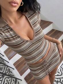 Bộ đồ hai mảnh dệt kim kẻ sọc VINOVA dành cho nữ, áo crop top và chân váy mini kiểu vintage, phong cách Y2K dễ thương, phù hợp cho tiệc tùng, câu lạc bộ, kỳ nghỉ, hẹn hò. - Rỉ Nâu - Xem 2