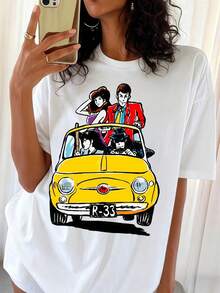 Oversized White T-Shirt With L-LupinSSS III "Classic Team And Yellow Fiat 500" Design, Retro Style For Fans. - White - View 1