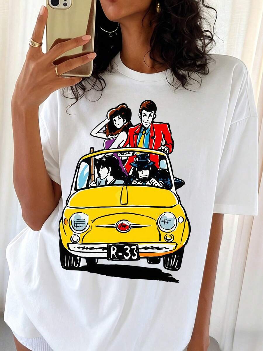 Oversized White T-Shirt With L-LupinSSS III "Classic Team And Yellow Fiat 500" Design, Retro Style For Fans. - White - View 1