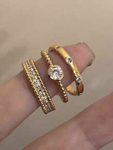 5pcs Elegant Cubic Zirconia Cross Open Copper Ring Set Suitable For Women Party Wear (Gift Box Not Included) - Yellow Gold - View 5
