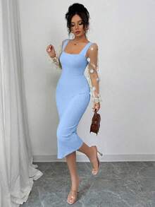 Vestido midi liso para mujer, con paneles de malla, mangas largas y detalles florales: elegante y con estilo, perfecto para el día a día, reuniones de negocios u ocasiones informales. - Azul - Ver 2