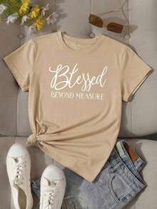 Soft 100% Cotton Women's Casual Crew Neck Short Sleeve Regular Length T-Shirt With Beyond Measure Print, Breathable, Goes With Everything, Great. - 杏色 - 查看 2