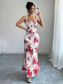 Nuevo vestido de mujer con tirantes de espagueti, lazo en la cintura, diseño de dobladillo fruncido y abertura, versátil para citas, fiestas y uso diario, favorecedora y elegante - Rojo - Ver 6
