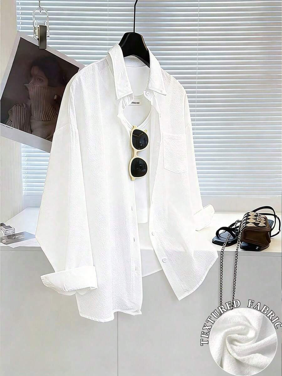 Camisa de manga larga holgada con estampado minimalista para mujer - Blanco - Ver 1