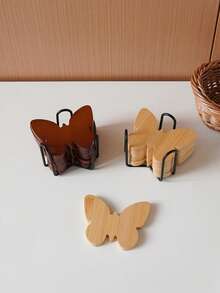 6pcs Butterfly Wooden Coaster Set: Natural Wood Butterfly-Shaped Coasters With A Black Metal Storage Rack. - Multicolor - View 9