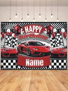 可客製化姓名時尚賽車冠軍生日橫幅，黑白旗幟設計搭配紅色賽車圖案，適合生日派對、牆面裝飾、拍照背景、乙烯基橫幅道具，個性化禮物，適用男孩 - 彩色 - 查看 2