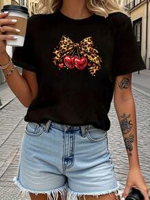 Women's Short-Sleeved T-Shirt With Leopard Print And Heart-Shaped Cherry Design, Round Neck, For Spring/Summer, Ideal For Casual Shopping, Holiday Gift, Outfit For Friends Gatherings And Vacation, Summer Clothes For Women. - 黑色 - 查看 7