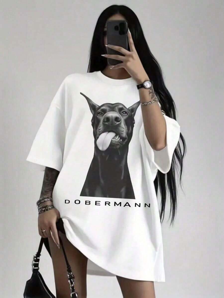 Oferta flash: Camiseta de mujer con estampado de Dobermann Y2K para el Año Nuevo 2026, cuello redondo, corte holgado. Blusas Bonito 100% Algodón - Blanco - Ver 1