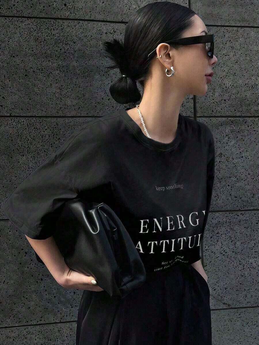 Camiseta suelta de cuello redondo con estampado de letras de manga corta para mujer "Keep Smiling ENERGY ATTITUDE See The Good Time For You", camiseta de verano oversize con gráficos,regalos para mamá, flash oferta,ofertas relámpago,Envío local,nacional envio Blusas Bonito 100% Cotton - Negro - Ver 1