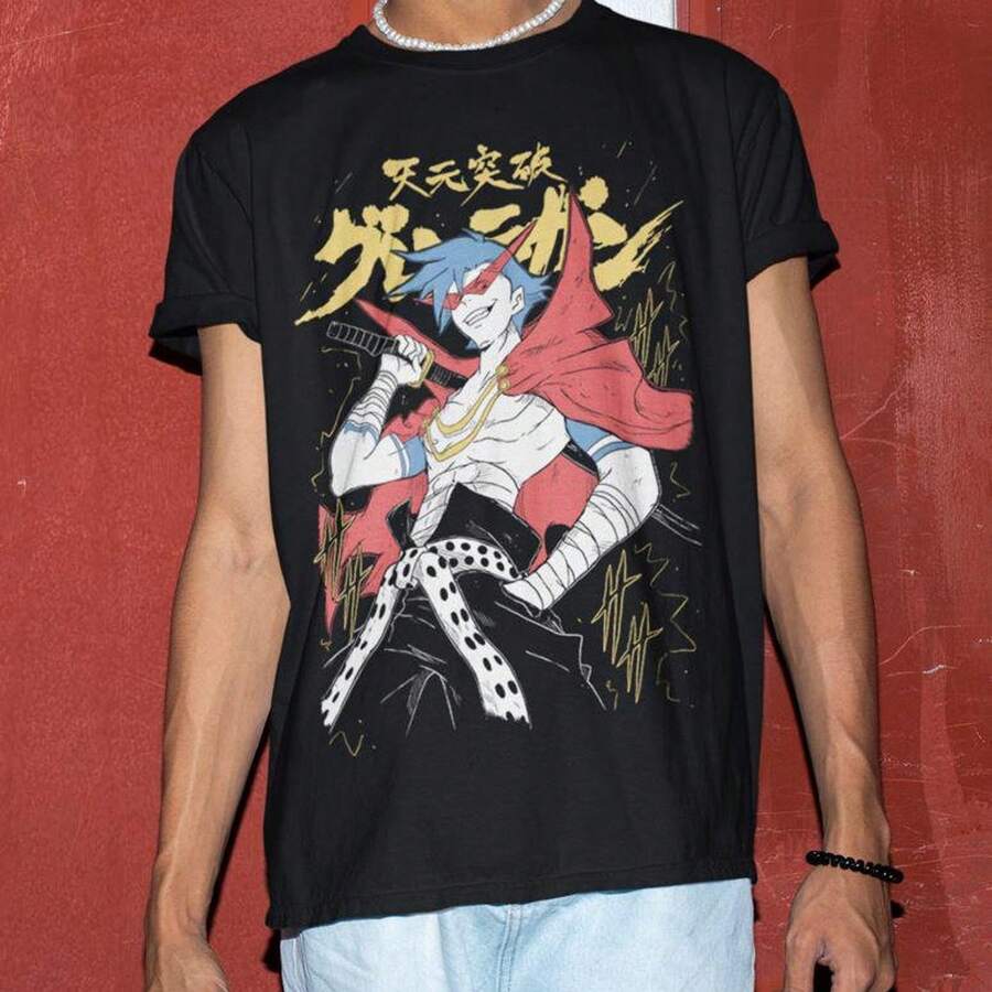 Camiseta de estilo vintage con estampado de anime, unisex, manga corta, 220 g, de algodón puro. Tejido grueso, resistente a las arrugas y que no se deforma fácilmente. Estilo sencillo y versátil, ligero y transpirable, perfecto para ir al trabajo, viajar, acampar, ir de compras y para el tiempo libre. - Negro - Ver 1