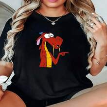 Women's Sexy Casual Cotton Round Neck Short Sleeve T-Shirt with Cartoon Print Regular Fit High Stretch Top - Negro - Ver 1