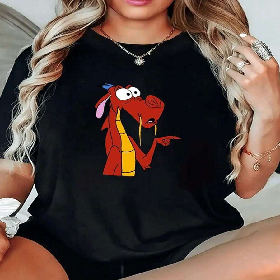 Women's Sexy Casual Cotton Round Neck Short Sleeve T-Shirt with Cartoon Print Regular Fit High Stretch Top - Negro - Ver 1