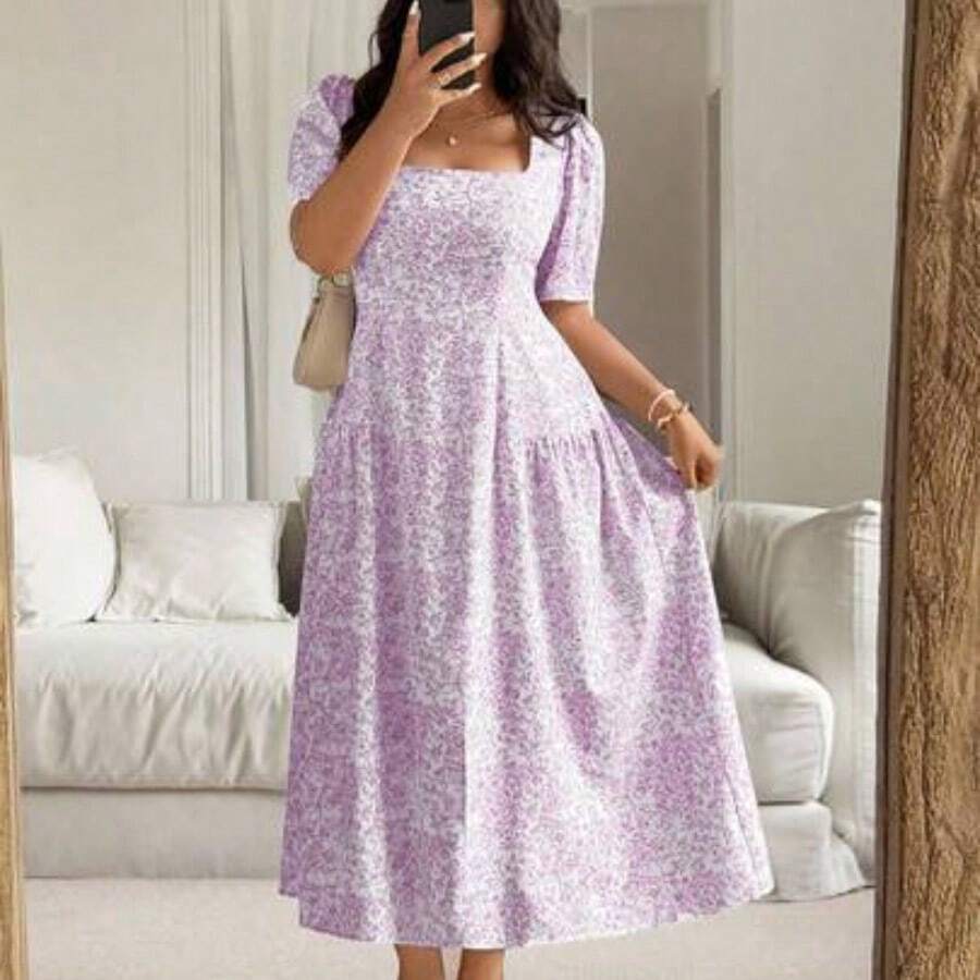 Plus Size Women's Spring/Summer French Chic Elegant Commuting Casual Beach Holiday Blue & White Floral Square Neck Cinched Waist Ruched A-Line Maxi Dress - Rosa - Ver 1