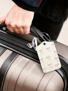 Pink Bow Print Travel Luggage Tag, With Name And ID Information, Made Of PU Material, A Practical Travel Accessory, Can Be Used For Luggage Identification, Sporty Fashion Design, Functional And Practical, Lightweight And Durable, Suitable For Travel Essentials, Pattern Randomly Cropped - Multicolor - View 3