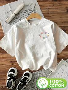 Camiseta con Estampado de Patrones In Era para Mujer, Cuello Redondo Casual, Manga Corta, Negra, con Letras Coloridas y Diseño Floral, Lavable a Máquina, Perfecta para Primavera y Verano, Camiseta de Verano 100% Algodón para Mujer, Adecuada para Talla S, Corte Holgado, Camiseta de Manga Corta de Algodón Puro a la Moda - Blanco - Ver 4