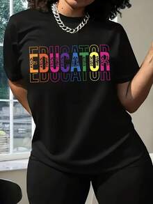 Talla Grande - Talla Extra Grande - Camiseta Casual de Mujer con Cuello Redondo y Estampado Educativo en Color Negro, con un diseño de texto colorido y brillante, adecuada para usar durante todo el año, fácil de limpiar, cómoda y con un diseño ajustado, ideal para uso diario y festivo en primavera, verano y otoño. - Negro - Ver 6